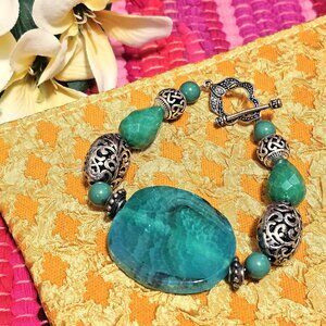 Artisan Hand Crafted Bracelet Green Thin Sliced Geode Silver Bead Toggle Closure